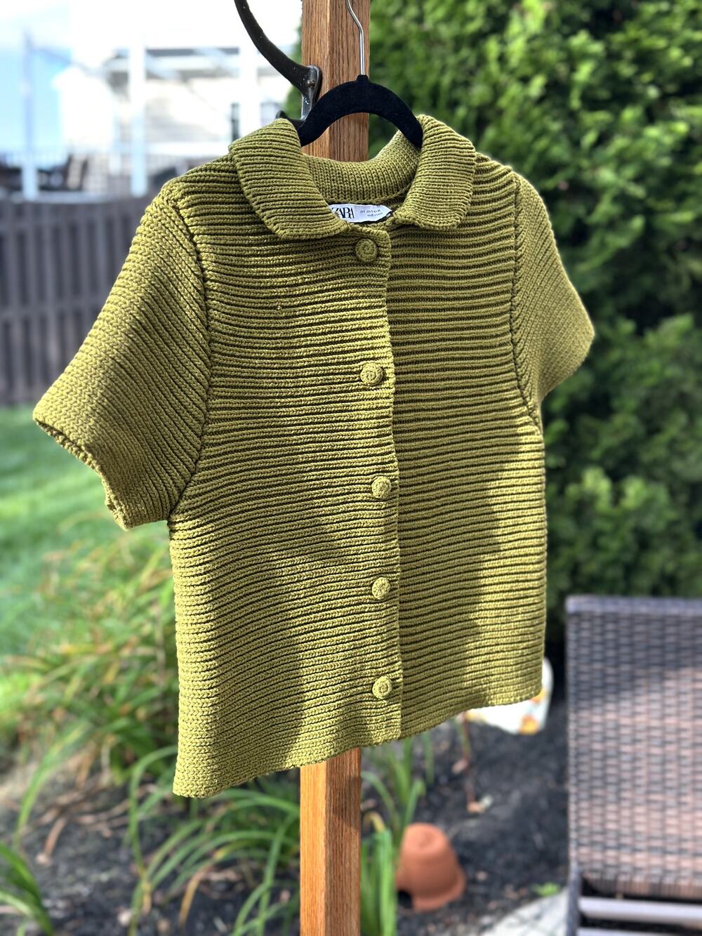 Zara Olive Green Chunky Knit Short Slv Cardigan Sweater Size S